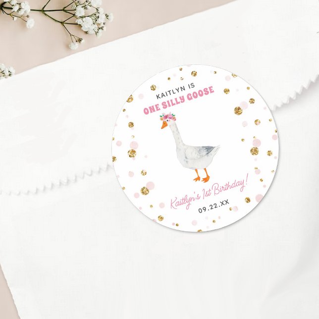 One Silly Goose Girls 1st Birthday Party Classic Round Sticker (Creator Uploaded)