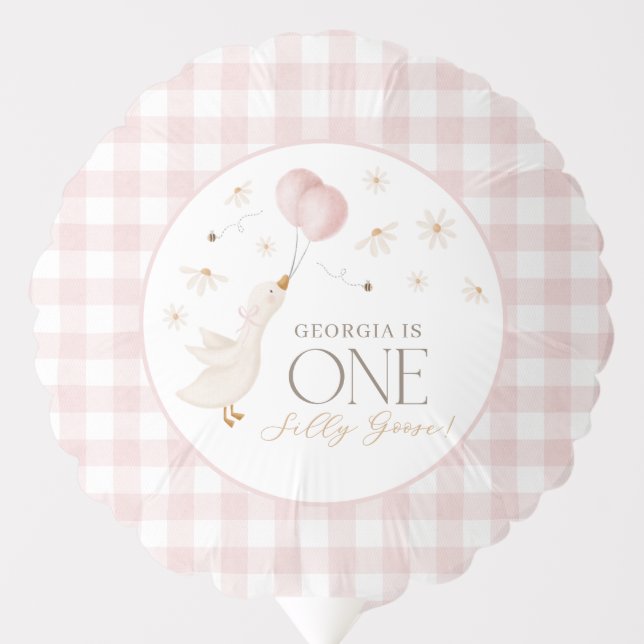 One Silly Goose Girls 1st Birthday Pink Gingham  Balloon (Front)