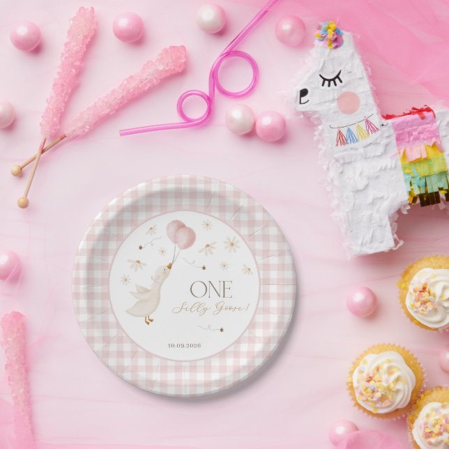 One Silly Goose Girls 1st Birthday Pink Gingham Paper Plates (Party)