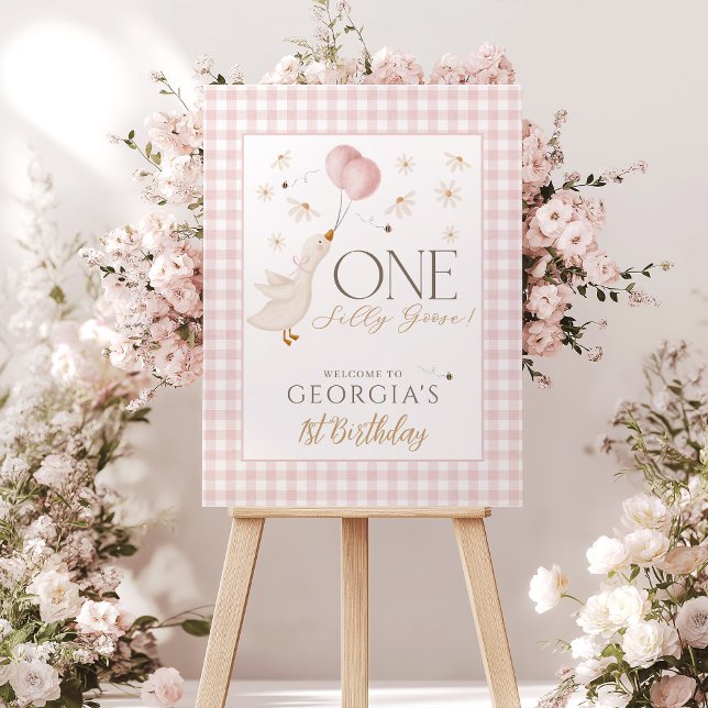 One Silly Goose Girls 1st Birthday Welcome Foam Board (Girl's 1st Birthday Welcome Sign. One Silly Goose Pink Theme with daisies, balloons and pink bow. )