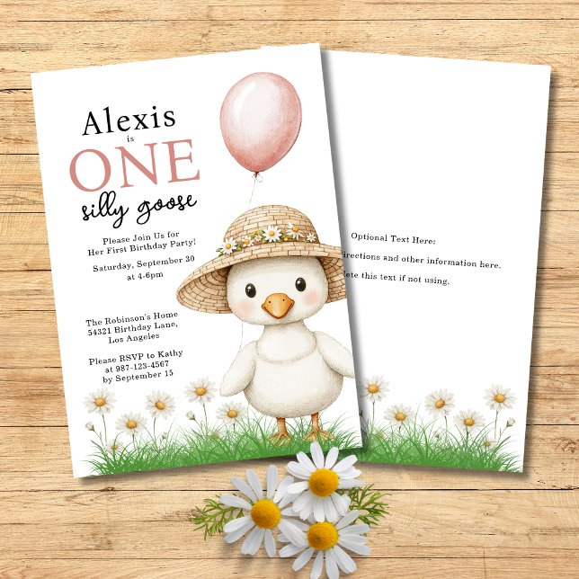 One Silly Goose Girls First Birthday  Invitation (One Silly Goose Girls First Birthday Party Invitation with Baby Goose, Pink Balloon, Daisies.)