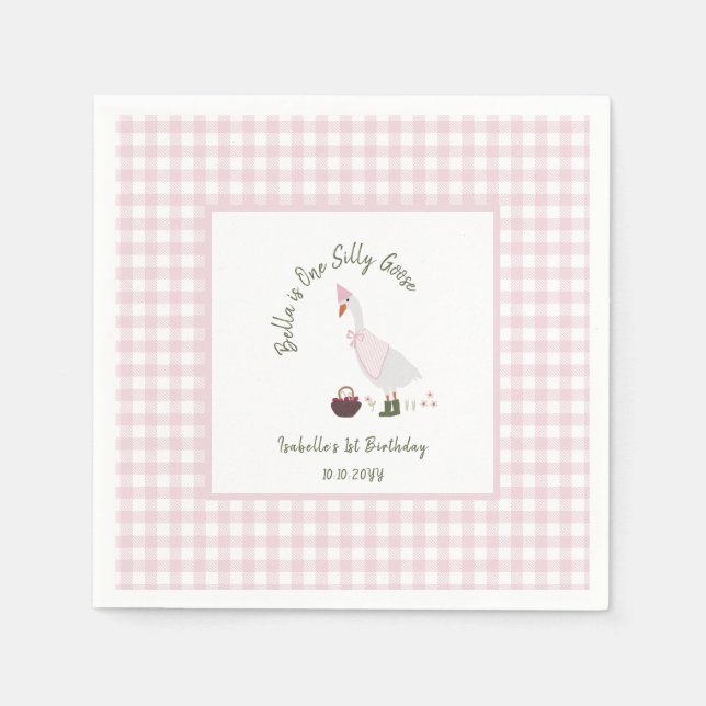 One Silly Goose Girls Pink Gingham 1st Birthday  Napkins (Front)