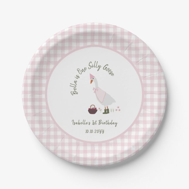 One Silly Goose Girls Pink Gingham 1st Birthday  Paper Plates (Front)