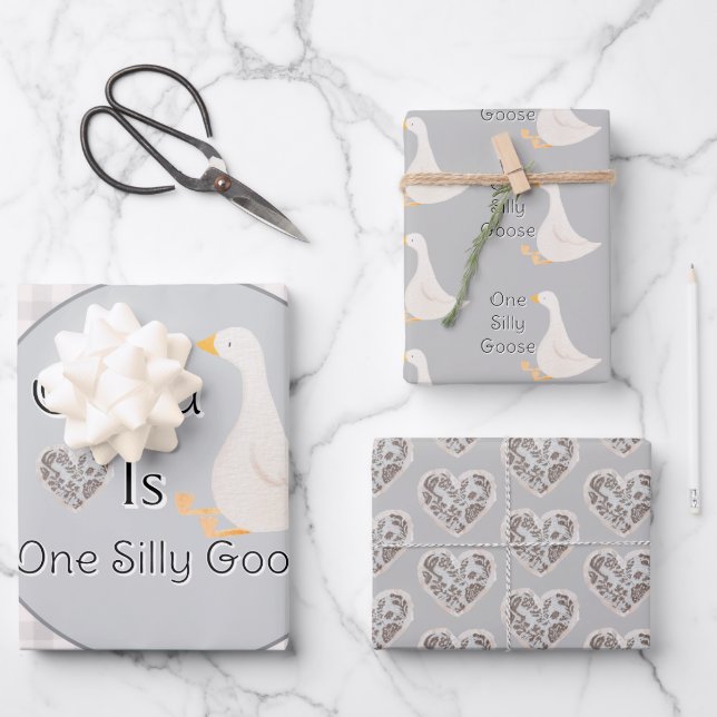 One Silly Goose Gray Girl's Birthday Party Wrapping Paper Sheets (Front)