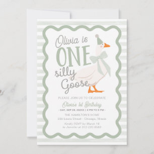 One Silly Goose Green Bow 1st Birthday Invitation