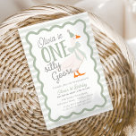 One Silly Goose Green Bow 1st Birthday Invitation<br><div class="desc">Celebrate your toddler's milestone in retro style with our One Silly Goose 1st Birthday Suite! Featuring a chic muted color scheme, this design includes an adorable goose wearing a cute coquette bow, all set within a groovy frame. It's the perfect way to bring a fun and stylish vibe to the...</div>