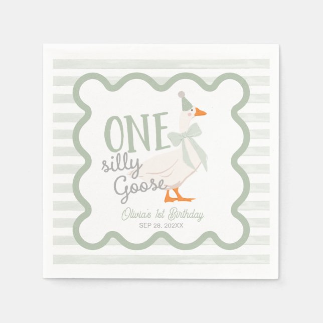 One Silly Goose Green Bow 1st Birthday Napkins (Front)