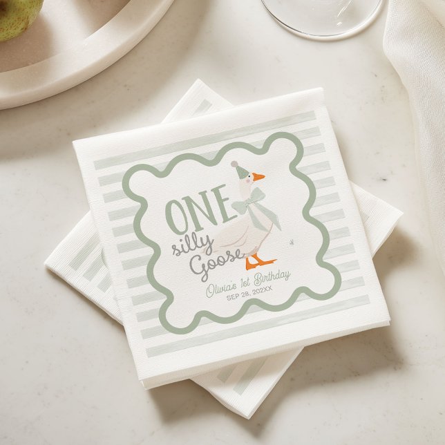 One Silly Goose Green Bow 1st Birthday Napkins (Creator Uploaded)