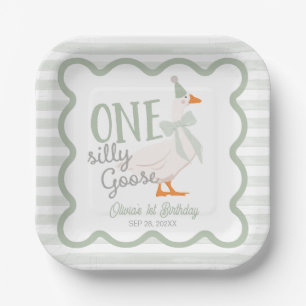 One Silly Goose Green Bow 1st Birthday Paper Plates