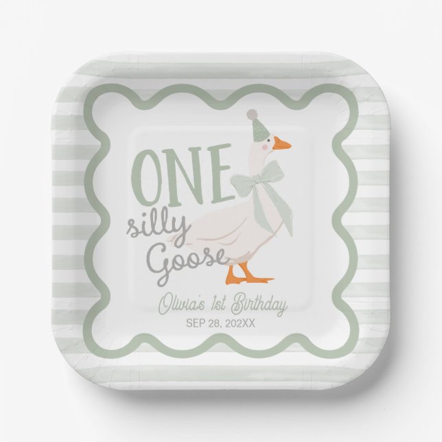 One Silly Goose Green Bow 1st Birthday Paper Plates (Front)