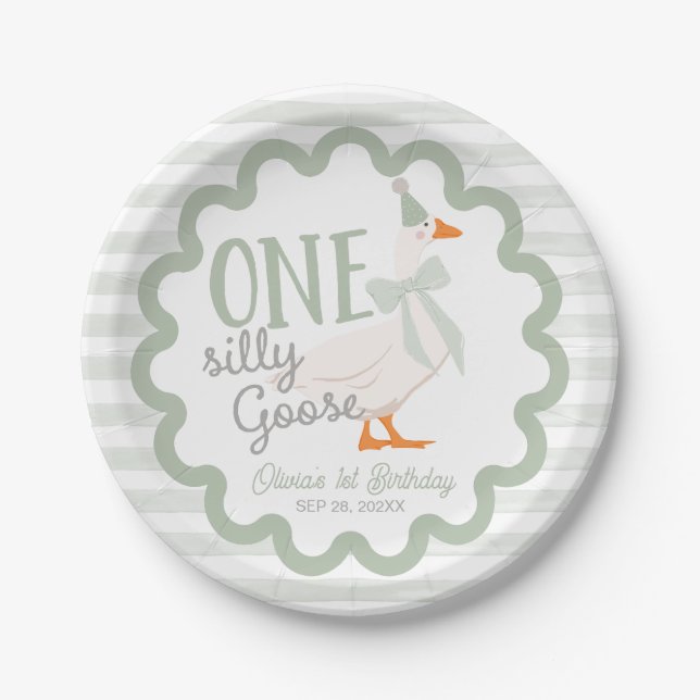 One Silly Goose Green Bow 1st Birthday Paper Plates (Front)