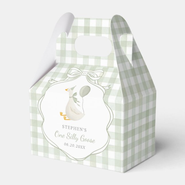 One Silly Goose Green Bow First Birthday Favor Boxes (Front Side)