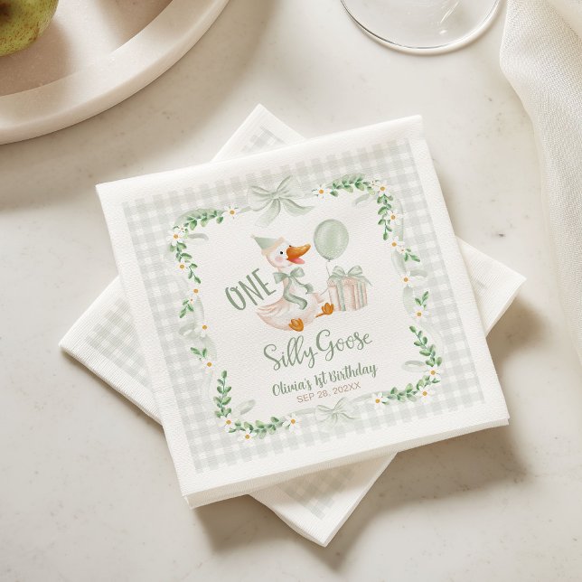 One Silly Goose Green Bow Floral 1st Birthday Napkins (Creator Uploaded)