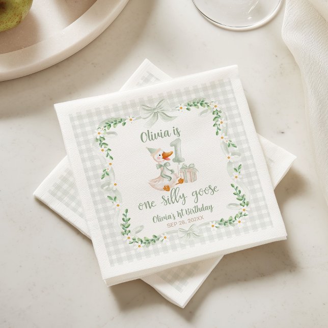 One Silly Goose Green Bow Floral 1st Birthday Napkins (Creator Uploaded)