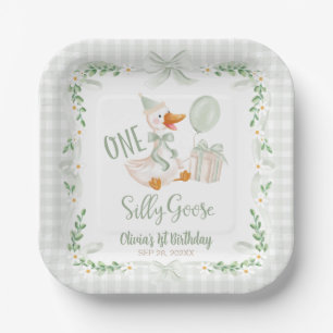 One Silly Goose Green Bow Floral 1st Birthday Paper Plates