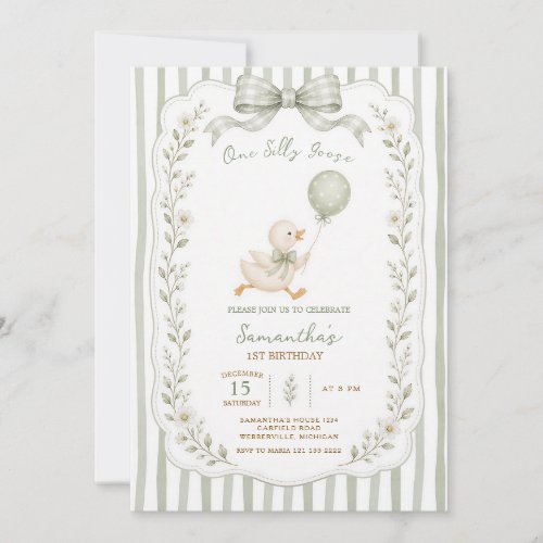 One Silly Goose Green Bow Girl 1st Birthday Invitation