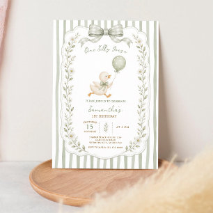One Silly Goose Green Bow Girl 1st Birthday Invitation