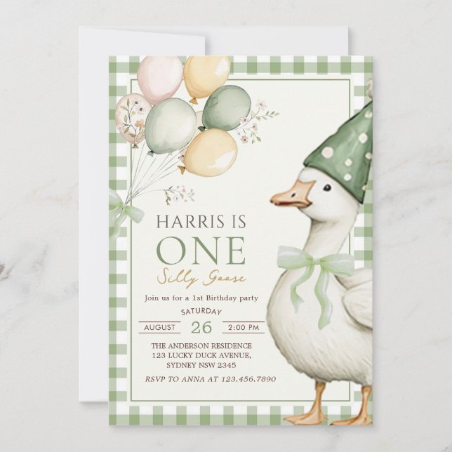 One Silly Goose Green Gingham 1st Birthday Invitation (Front)