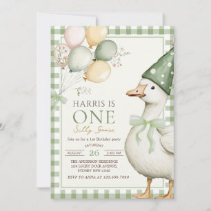 One Silly Goose Green Gingham 1st Birthday Invitation