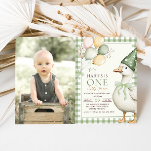 One Silly Goose Green Gingham 1st Birthday Invitation