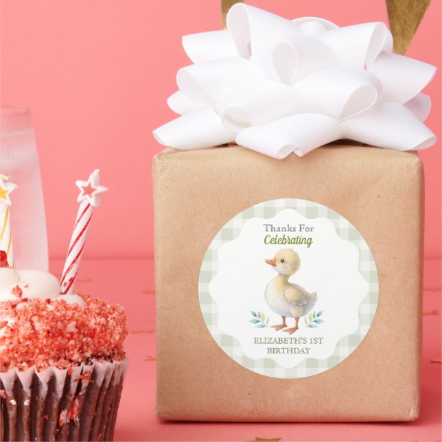 One Silly Goose Green Gingham Baby First Birthday Classic Round Sticker (Party)