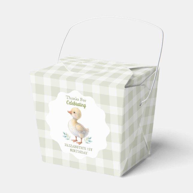 One Silly Goose Green Gingham Baby First Birthday Favor Boxes (Front Side)