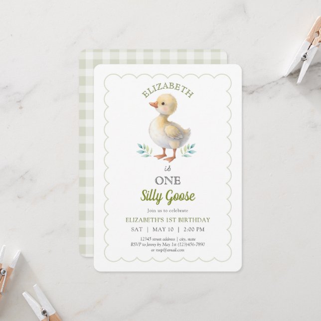 One Silly Goose Green Gingham Baby First Birthday Invitation (Front/Back In Situ)