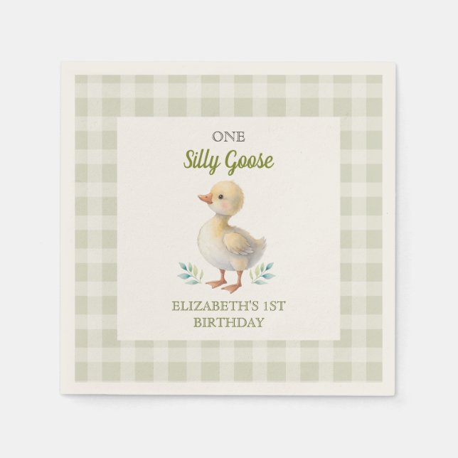 One Silly Goose Green Gingham Baby First Birthday Napkins (Front)