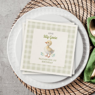 One Silly Goose Green Gingham Baby First Birthday Napkins