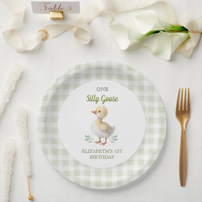 One Silly Goose Green Gingham Baby First Birthday Paper Plates (Wedding)