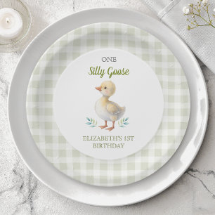 One Silly Goose Green Gingham Baby First Birthday Paper Plates