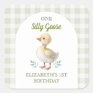 One Silly Goose Green Gingham Baby First Birthday Square Sticker