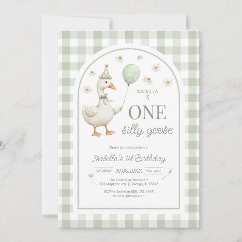 One Silly Goose Green Girl 1st Birthday Invitation