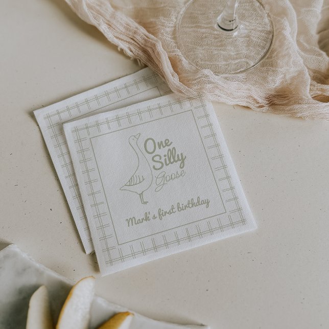 One Silly Goose Green Hand Drawn 1st Birthday  Napkins (Creator Uploaded)