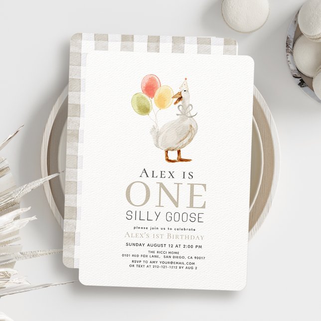 One Silly Goose Greige Gingham 1st Birthday Invitation (Creator Uploaded)