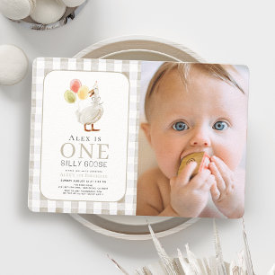 One Silly Goose Greige Gingham 1st Birthday Invitation