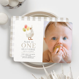One Silly Goose Greige Gingham Photo 1st Birthday Invitation