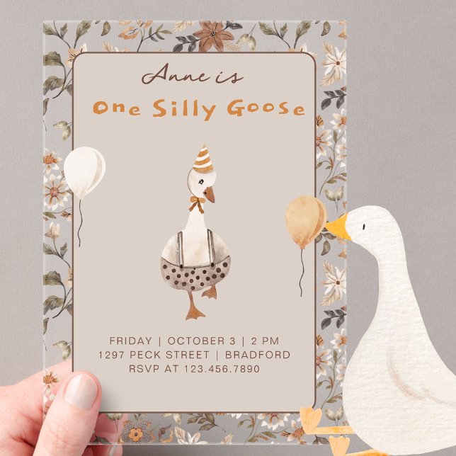 One Silly Goose Neutral 1st Birthday Party  Acrylic Invitations (Creator Uploaded)