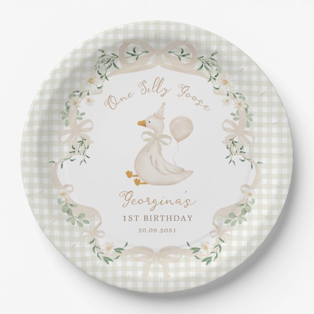 One Silly Goose Neutral Bow Gingham 1st Birthday Paper Plates (Front)