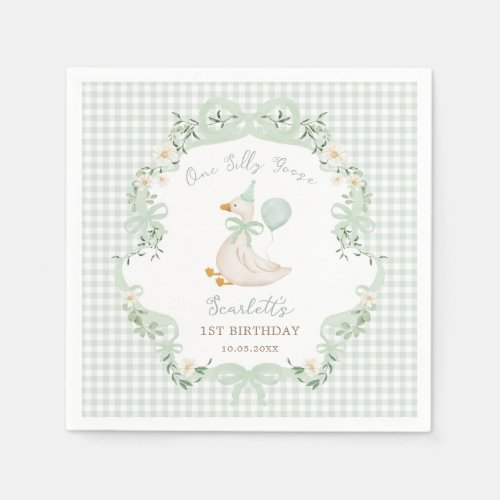 One Silly Goose Neutral Green Bow 1st Birthday Napkins