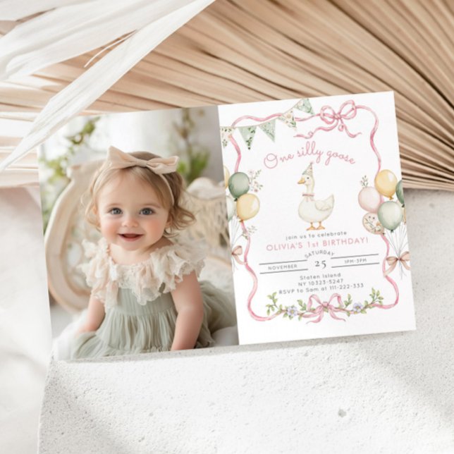 One Silly Goose Pastel Girl 1st Birthday Photo Invitation (Creator Uploaded)