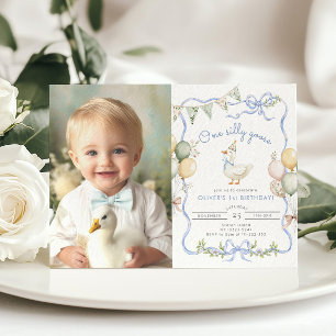 One Silly Goose Pastel Photo Boy 1st Birthday Invitation