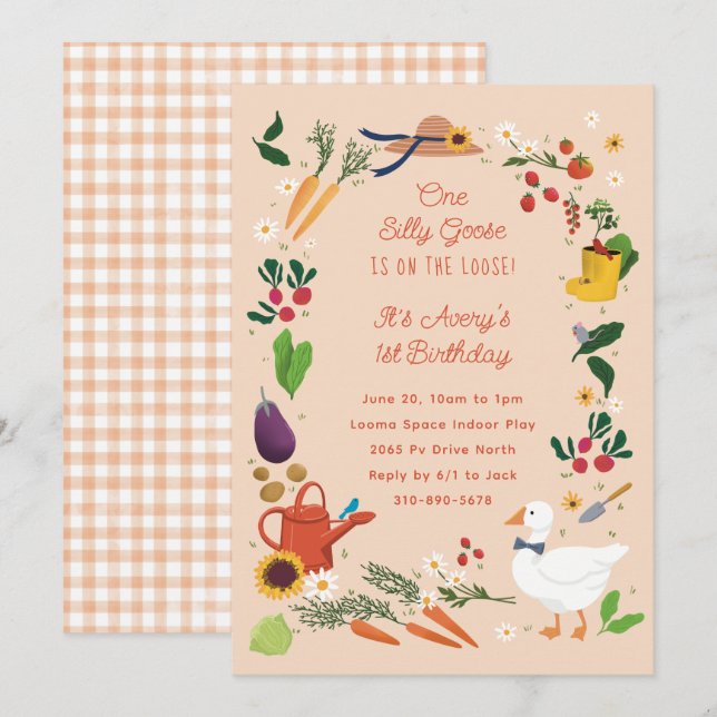 One Silly Goose Peach Farmer Garden Theme Birthday Invitation (Front/Back)