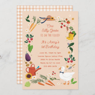 One Silly Goose Peach Farmer Garden Theme Birthday Invitation