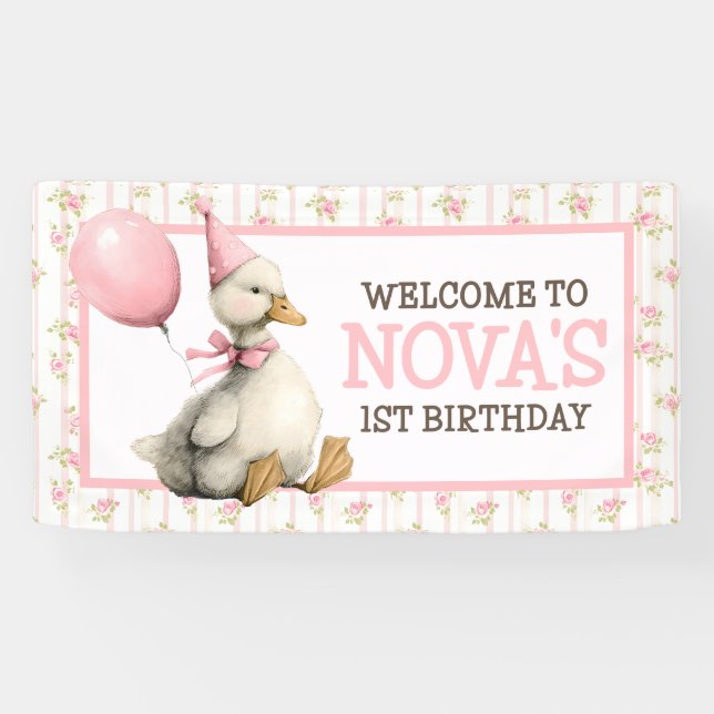 One Silly Goose Personalized Pink 1st Birthday Banner (Horizontal)