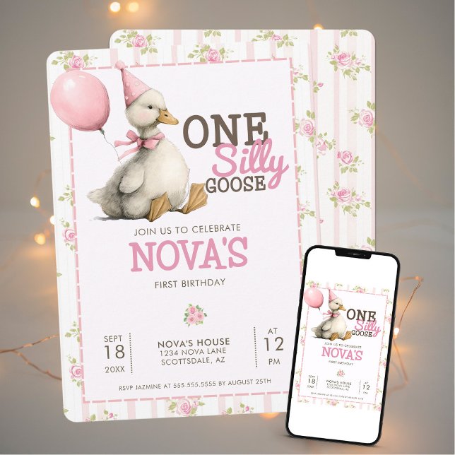 One Silly Goose Personalized Pink 1st Birthday Invitation (Creator Uploaded)