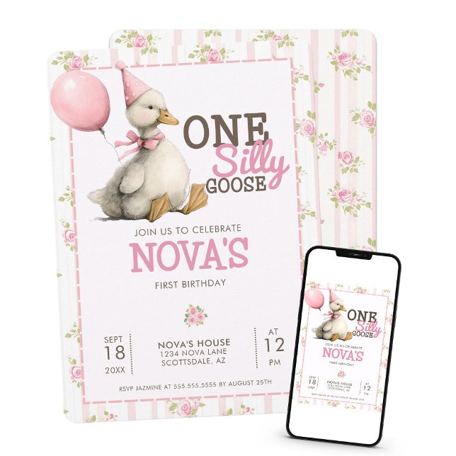 One Silly Goose Personalized Pink 1st Birthday Invitation (Creator Uploaded)