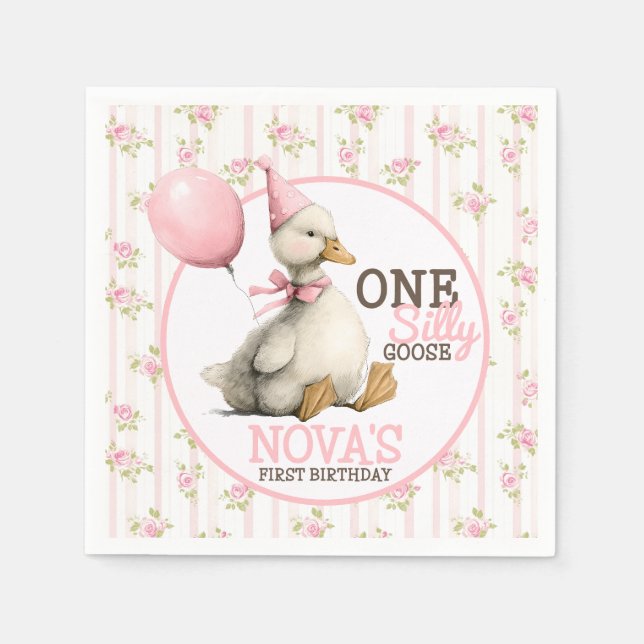 One Silly Goose Personalized Pink 1st Birthday Napkins (Front)