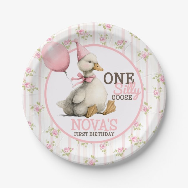 One Silly Goose Personalized Pink 1st Birthday Paper Plates (Front)