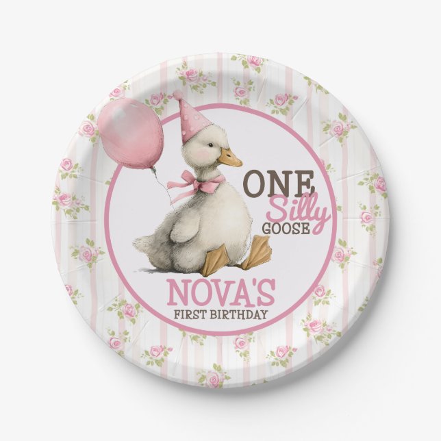 One Silly Goose Personalized Pink 1st Birthday Paper Plates (Front)